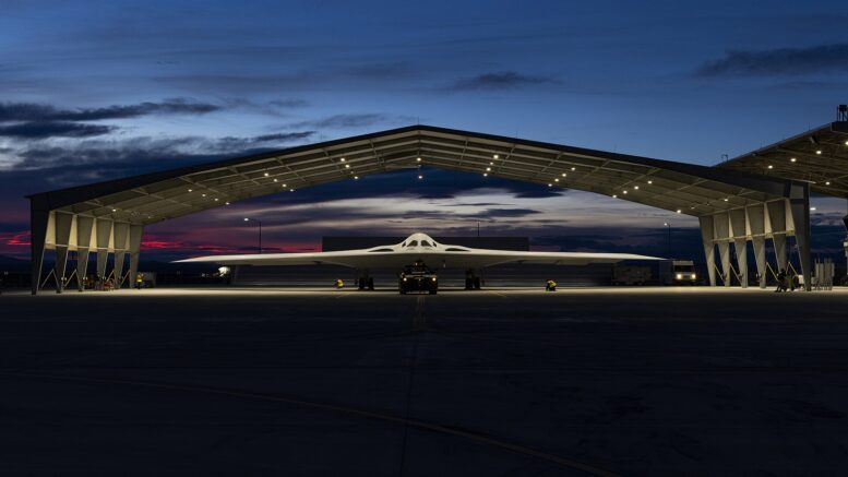 B-21 Raider in a hangar. US Air Force image used with Construction Dig's report on the Whiteman Air Force Base B-21 hangar construction award.