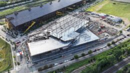 Aerial view of BioForge under construction at Hazelwood Green in Pittsburgh