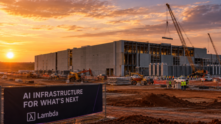 US data center construction site at sunset