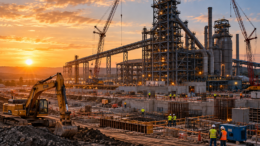 Large US steel plant under construction at sunset