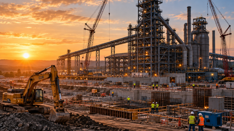 Large US steel plant under construction at sunset