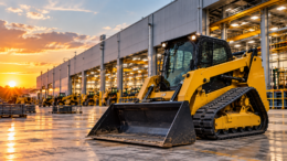 Compact construction equipment outside a manufacturing facility illustrating Caterpillar's $1 billion North Carolina manufacturing expansion