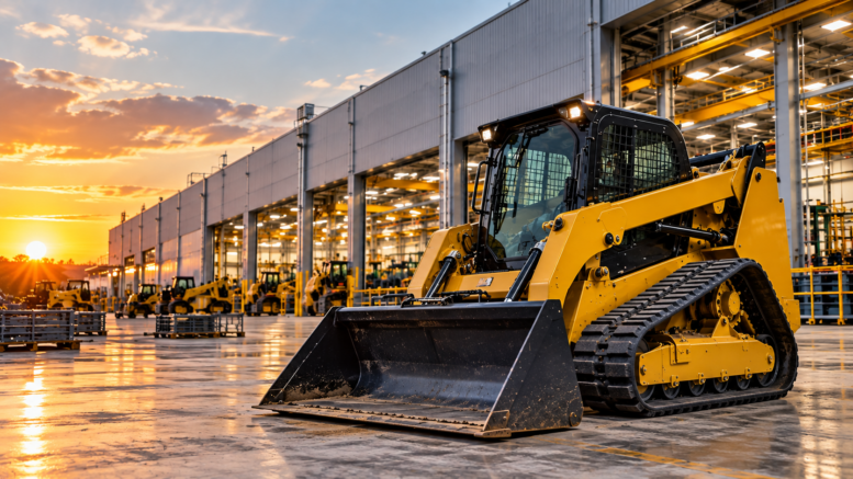 Compact construction equipment outside a manufacturing facility illustrating Caterpillar's $1 billion North Carolina manufacturing expansion
