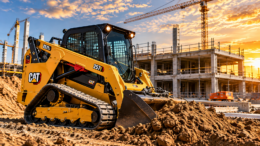 Illustration of a Caterpillar compact track loader working on a construction site at sunset