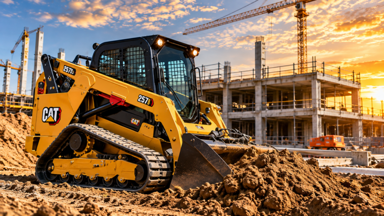 Illustration of a Caterpillar compact track loader working on a construction site at sunset