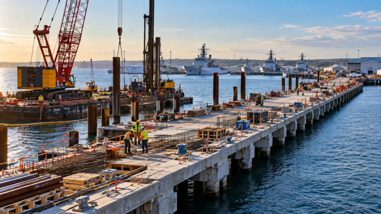 Illustration of marine pier construction representing the US Coast Guard homeport pier project in Newport, Rhode Island