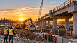 Illustration of highway overpass construction with cranes, excavators and construction workers at sunset