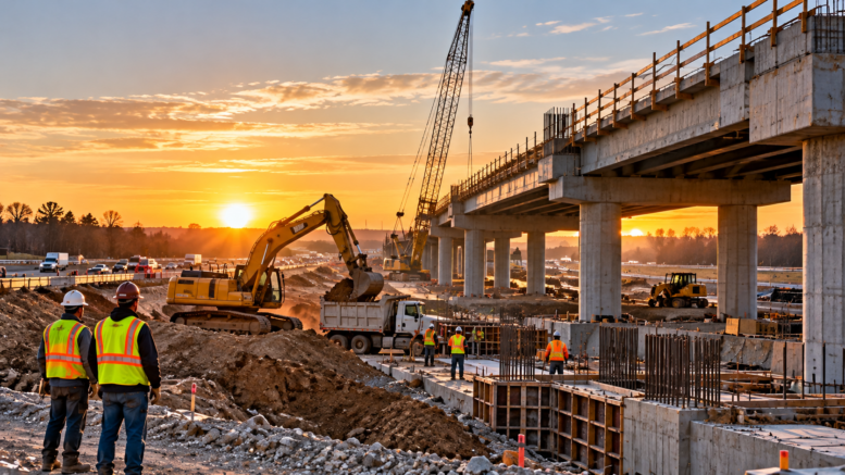 Illustration of highway overpass construction with cranes, excavators and construction workers at sunset