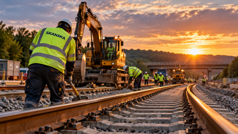 Illustration of railroad construction crews and an excavator working on rail tracks at sunset, representing Skanska's $136 million Northeast US railroad contract