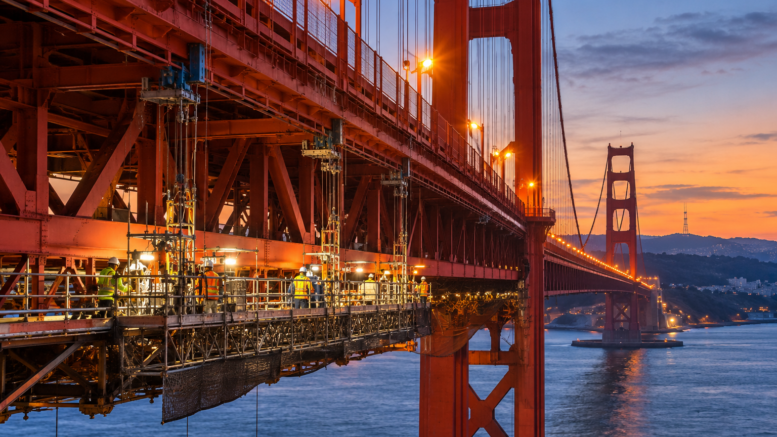 Illustration of construction crews working beneath the Golden Gate Bridge during seismic retrofit work